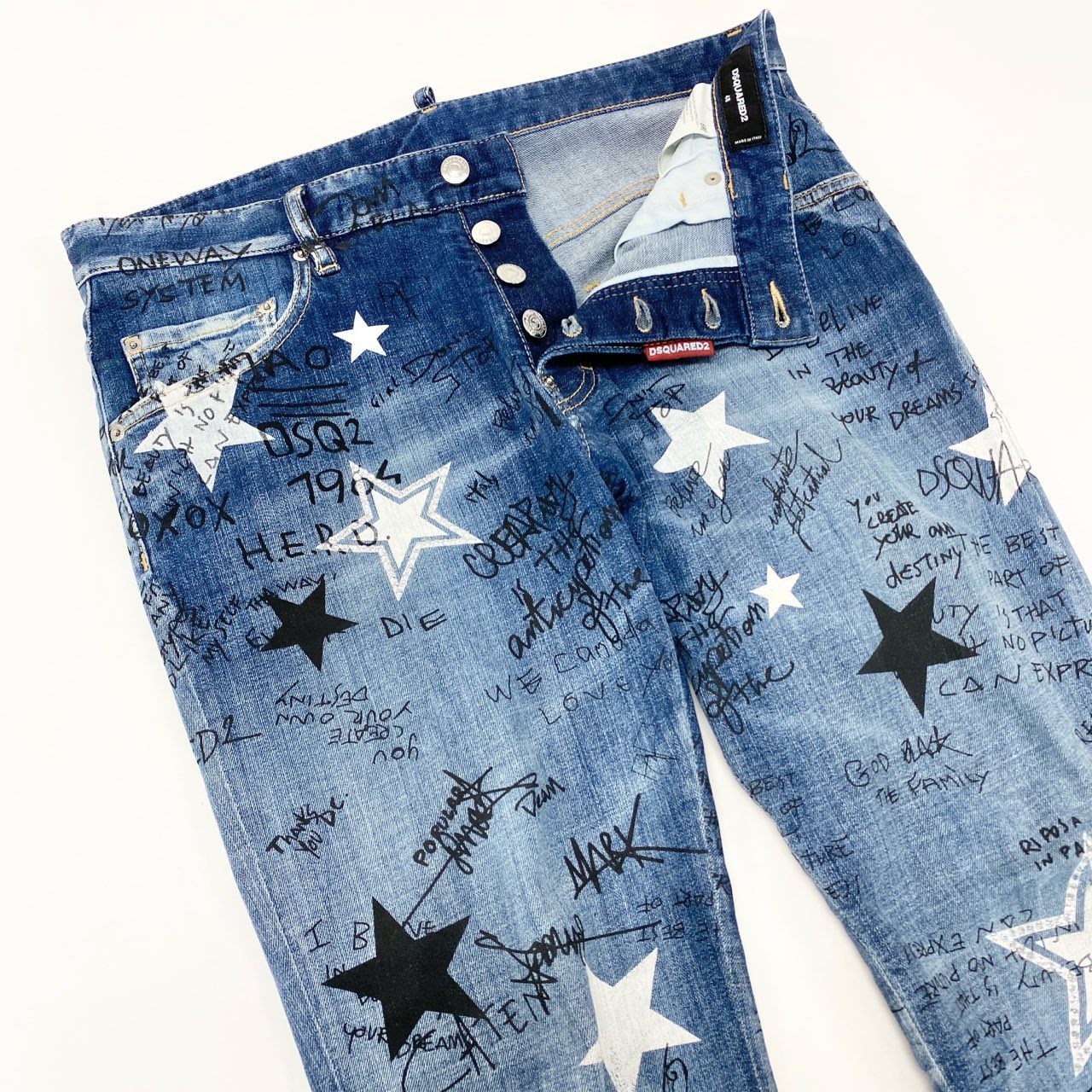 23i17 DSQUARED2 ディースクエアード Star Wash Skater Jean スター ウォッシュ スケーター デニムパンツ ジーンズ 総柄プリント ラインストーン イタリア製 S71LB1063 48 インディゴブルー コットン メンズo07t