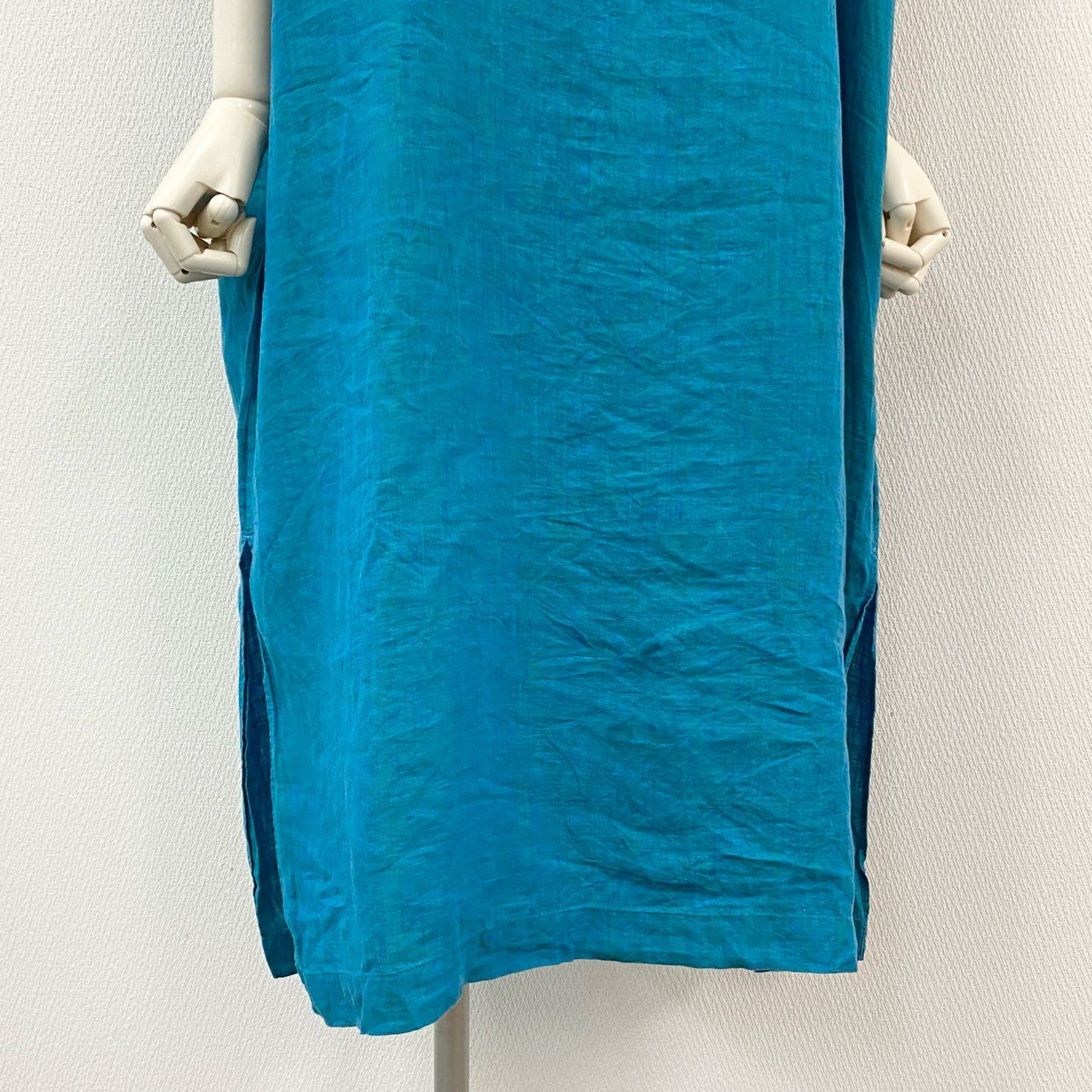 48h14《美品》 HOUSE OF LOTUS ハウスオブロータス カットオフリネンワンピース ロングワンピース フレンチスリーブ サイズM ブルー 麻 リネン100 レディースu02t