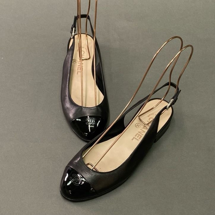 1l22 《美品》 CHANEL シャネル ココマーク スリングバック フラットパンプス 36 1/2 ブラック エナメル レザー イタリア製 シューズ