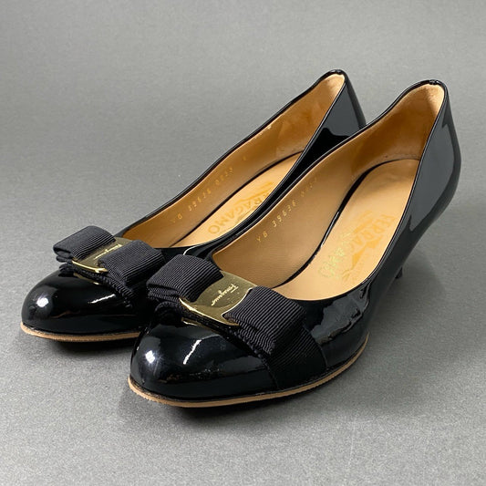 3f26 Salvatore Ferragamo サルヴァトーレフェラガモ ヴァラリボン レザーパンプス サイズ6D ブラック パテントレザー レディ-ス 女性用 靴