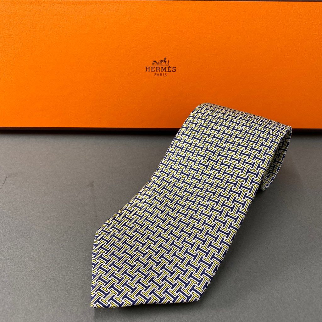 39b6-3 HERMES エルメス Hロゴ シルクネクタイ ビジネス イエロー ネイビー フォーマル SILK フランス製 5437FA