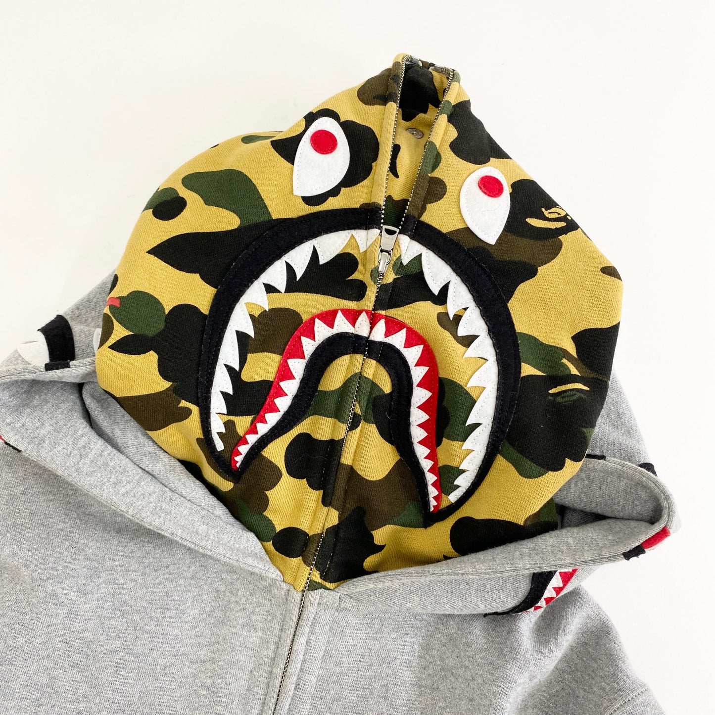 48k9 A BATHING APE アベイシングエイプ ダブルフードシャークパーカー S グレー コットン 迷彩 カモフラ スウェット 羽織