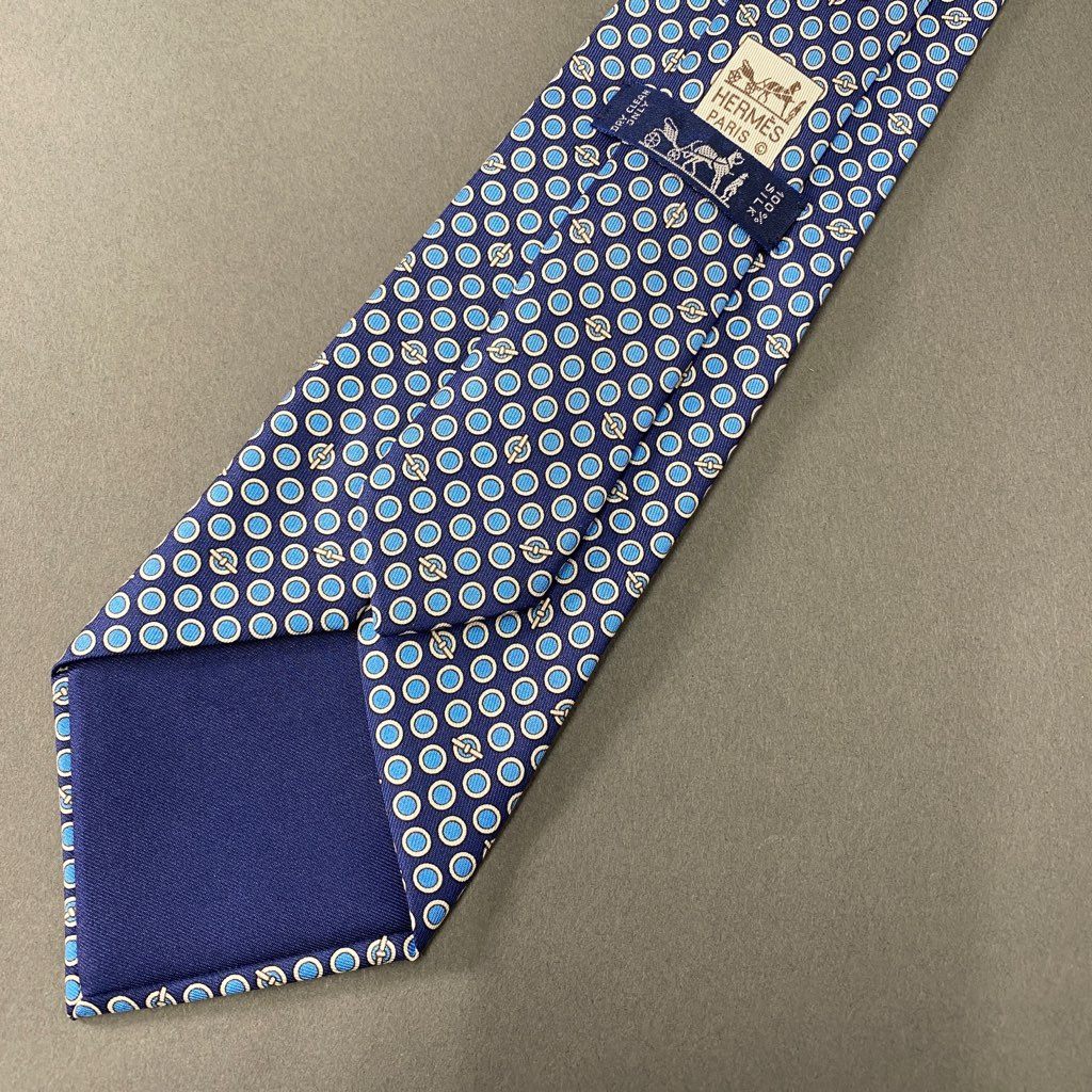 39b6-6 《美品》 HERMES エルメス シェーヌダンクル シルクネクタイ ビジネス フォーマル ネイビー ブルー フランス製 5250SA