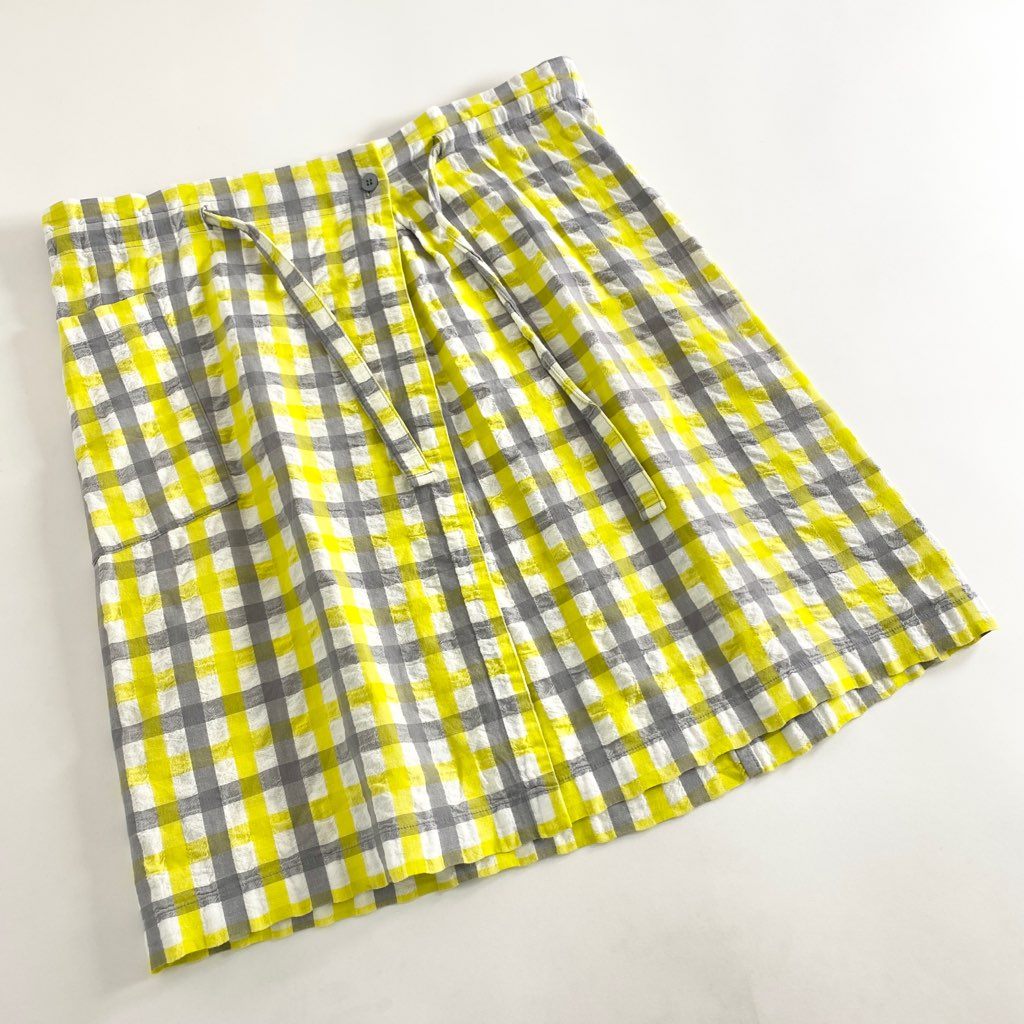47b5 《美品》 me ISSEY MIYAKE ミーイッセイミヤケ 台形スカート フレアスカート ウエストベルト付き M182FG691 イエロー グレー コットン100% レディース
