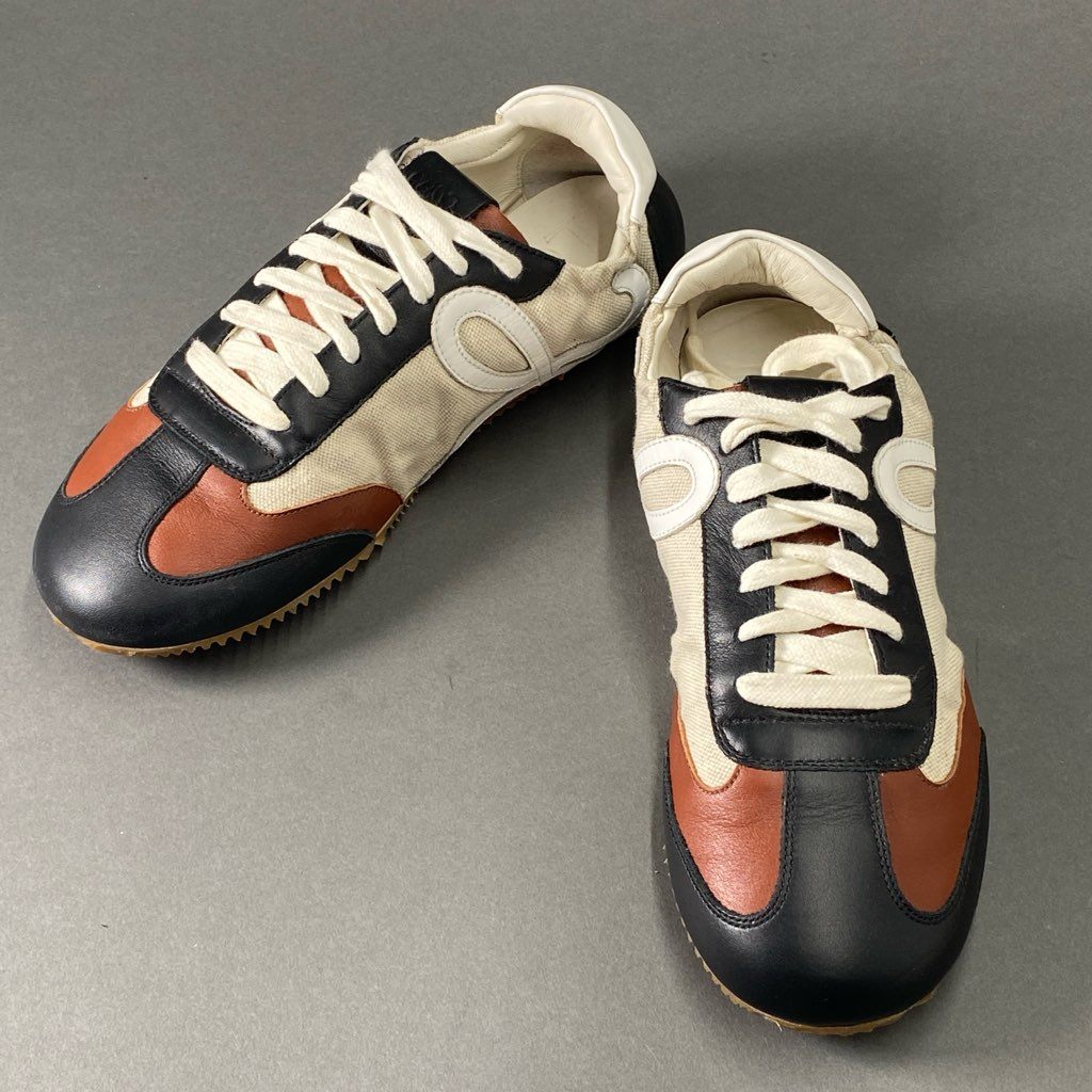 5b26 LOEWE ロエベ キャンバス × レザー バレエランナー ローカットスニーカー 40 ブラック ブラウン アイボリー シューズ