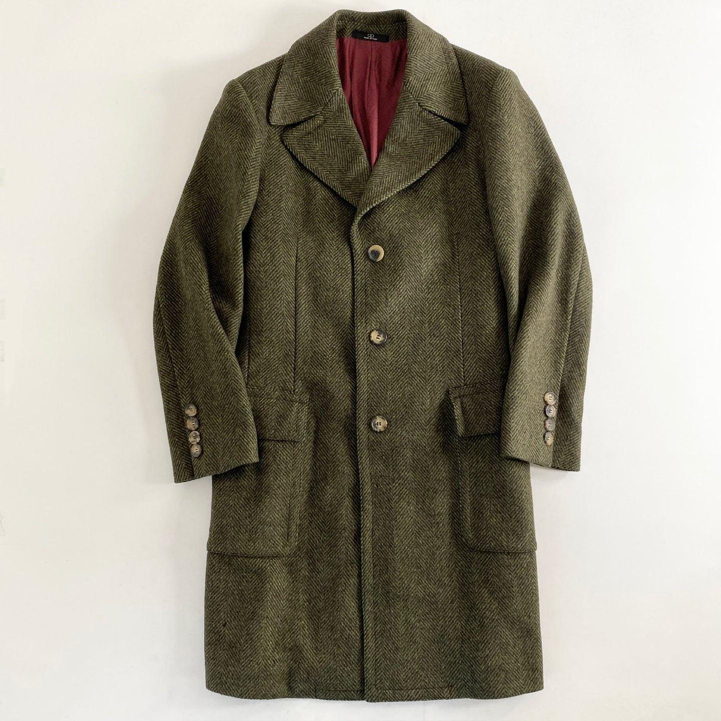 3L5《美品》伊製 VALENTINO ヴァレンティノ ヘリンボーンツイード チェスターコート ツイードコート I50(L相当) モスグリーン メンズ アウター