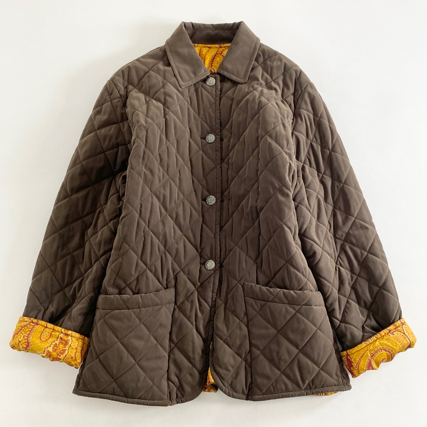 33L14 ETRO エトロ リバーシブルジャケット L オレンジ オリーブ 中綿 アウター ペイズリー バンダナ イタリア製 シルク