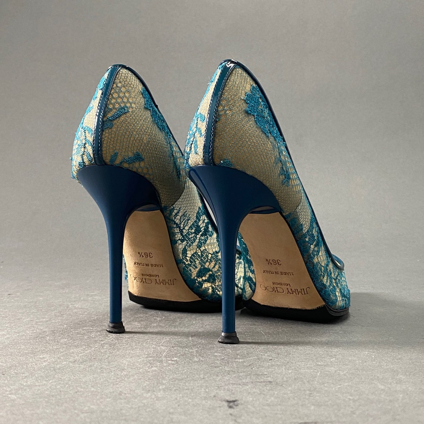 3a26 《美品》 JIMMY CHOO ジミーチュウ イタリア製 ABEL アベル ハイヒール レース パンプス シューズ ポインテッドトゥ 36 1/2 ブルー MADE IN ITALY
