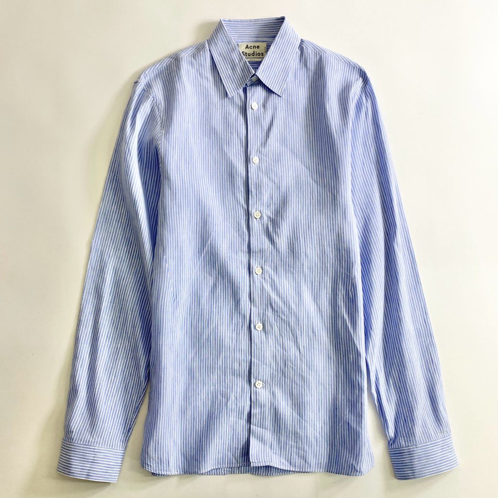 53b25 Acne Studios アクネ ステュディオス リネン混 ストライプシャツ 46 ブルー SLIM FIT モロッコ製 SHIRT