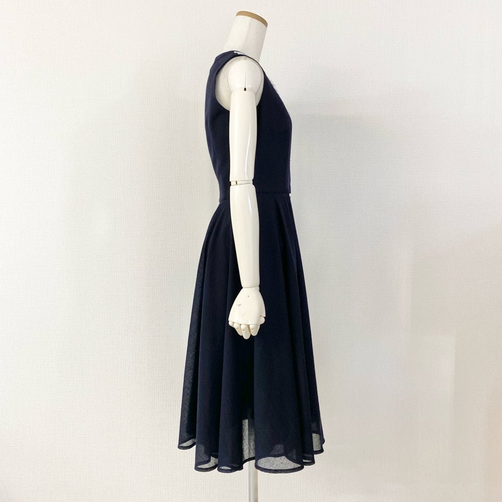 42c11 Rene basic ルネ ベーシック レース切替 パールボタンワンピース ドレス 34 ネイビー 日本製 ノースリーブ