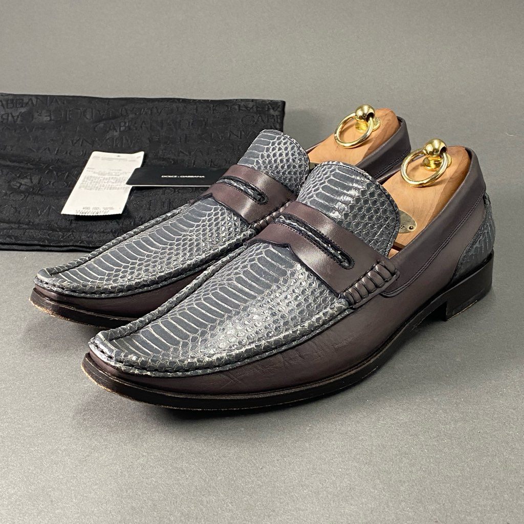 1b27 定価¥63,000 DOLCE&GABBANA ドルチェアンドガッバーナ パイソンレザー ローファー ドレスシューズ 6 1/2 スカイグレイ グレー D&G ドルガバ