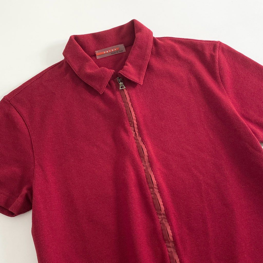 39c10 《美品》 イタリア製 PRADA プラダ 半袖ポロシャツ M レッド レディース ショートスリーブ コットン混 ジップアップ
