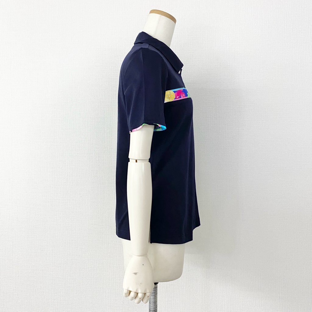 53b4 LEONARD レオナール フラワープリント ポロシャツ 40 ネイビ- トップス 半袖 花柄 日本製 POLO SHIRT