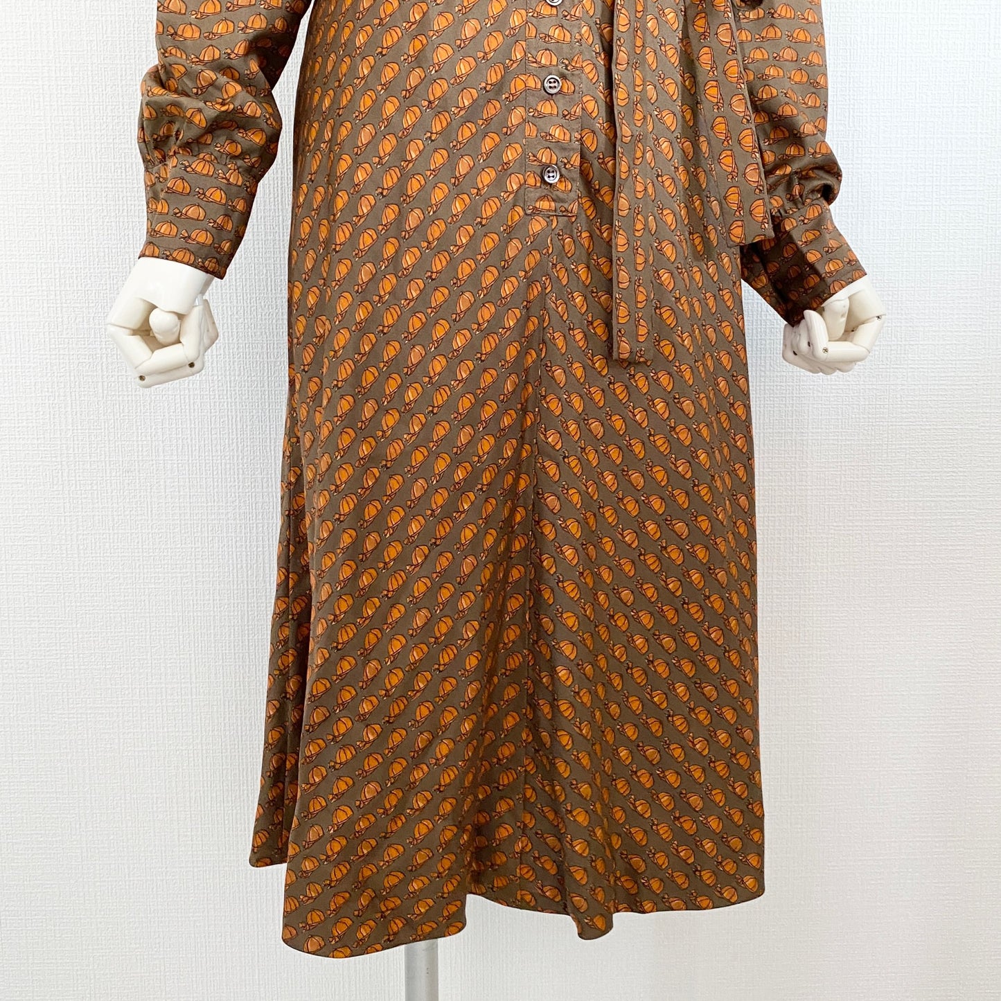 77k22 フランス製 HERMES エルメス 総柄 シルクシャツワンピース M相当 ブラウン ドレス レトロ ヴィンテージ 古着