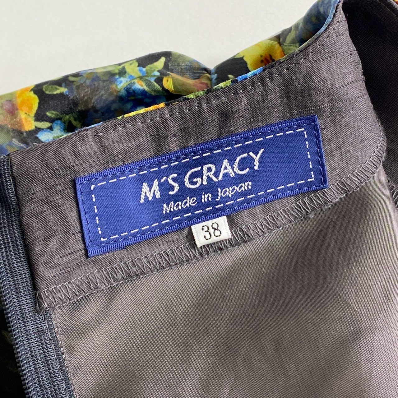 23c16 M’S GRACY エムズグレイシー 日本製 FJ-911130 オーガンジーフラワーボーダー 半袖ワンピース ショートスリーブ ドレス 花柄 38 マルチカラー MADE IN JAPAN
