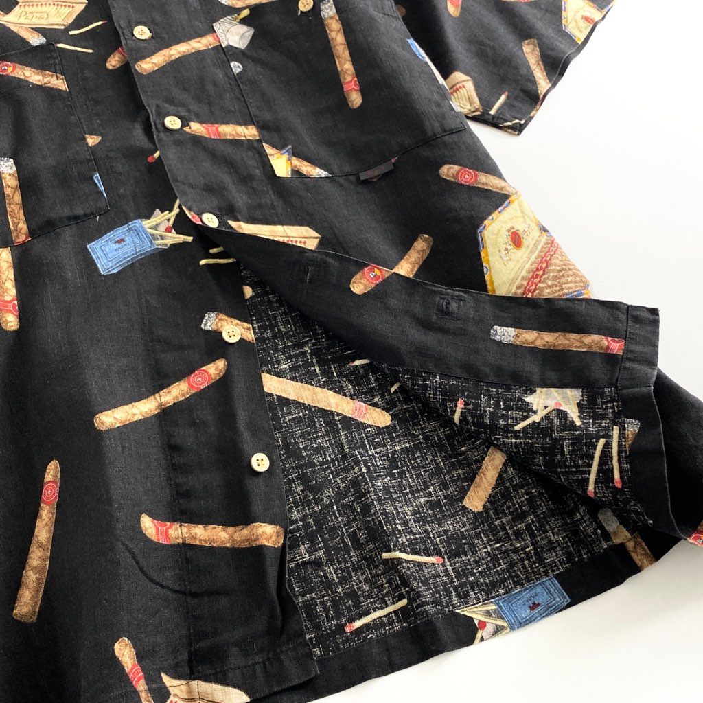 25b5-2 日本製 Papas パパス 半袖シャツ アロハシャツ 葉巻柄 総柄シャツ L ブラック 麻 リネン100% メンズ