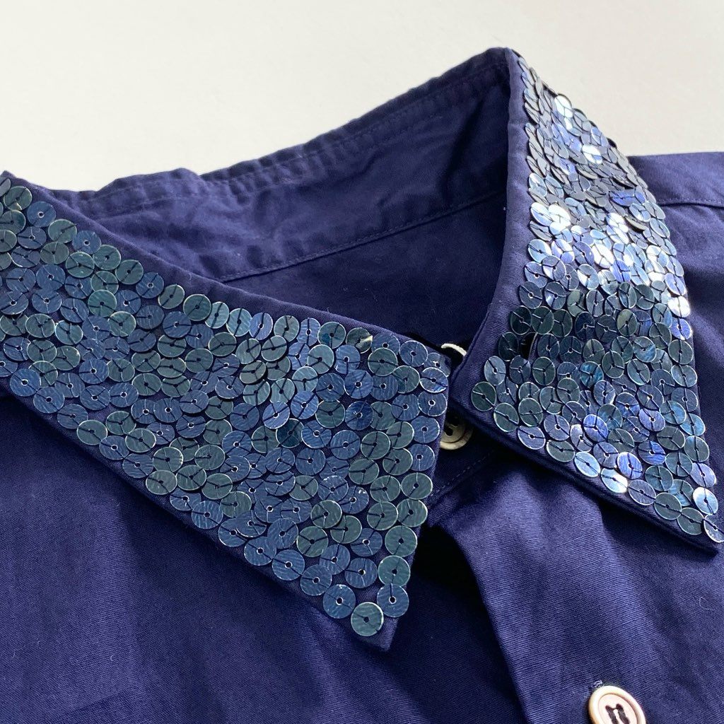 51c6 tricot COMME des GARCONS トリコ コムデギャルソン 00's スパンコールカラー 半袖シャツ M ネイビー Y2K