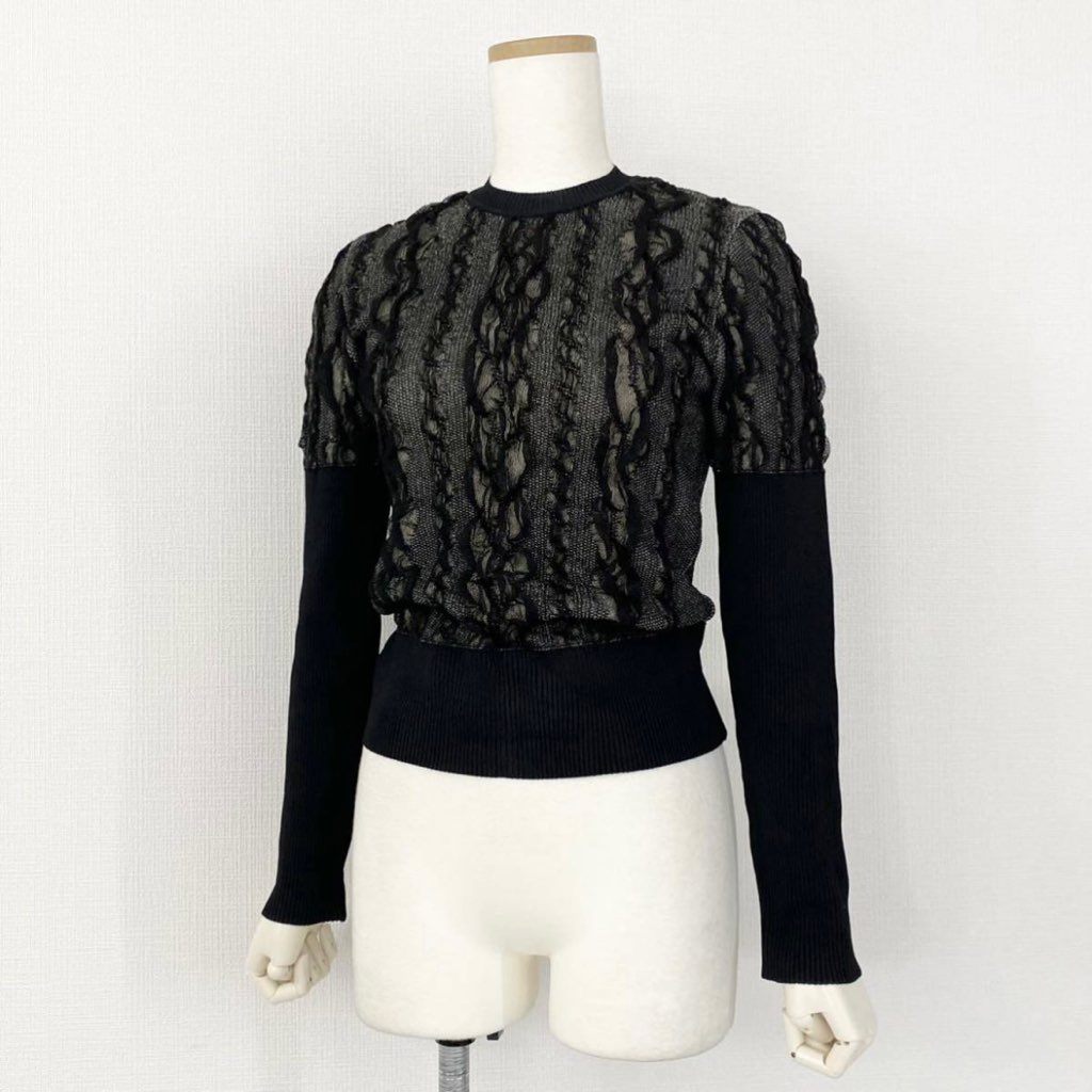 65j29 フランス製 Christian Dior クリスチャンディオール クルーネック レース ニット セーター サイズL ブラック レディース 女性用