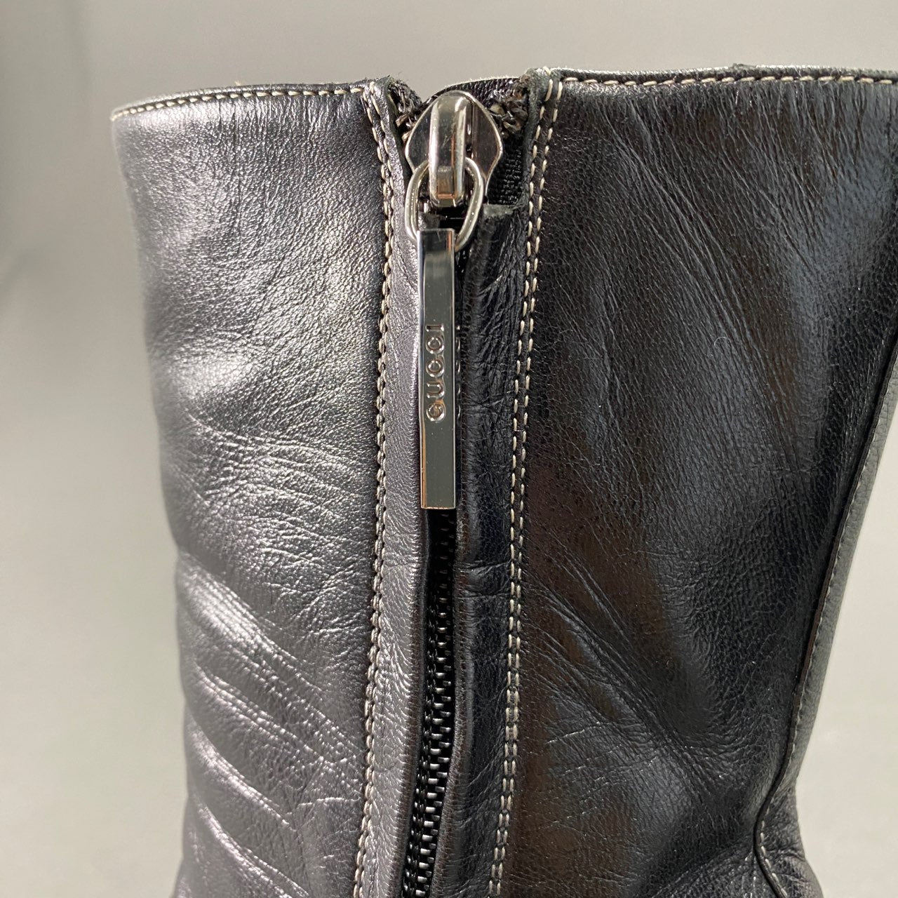 1L5《伊製》GUCCI グッチ 37C(24cm相当)ブラック レザーブーツ チャンキーヒールブーツ サイドジップ レディース