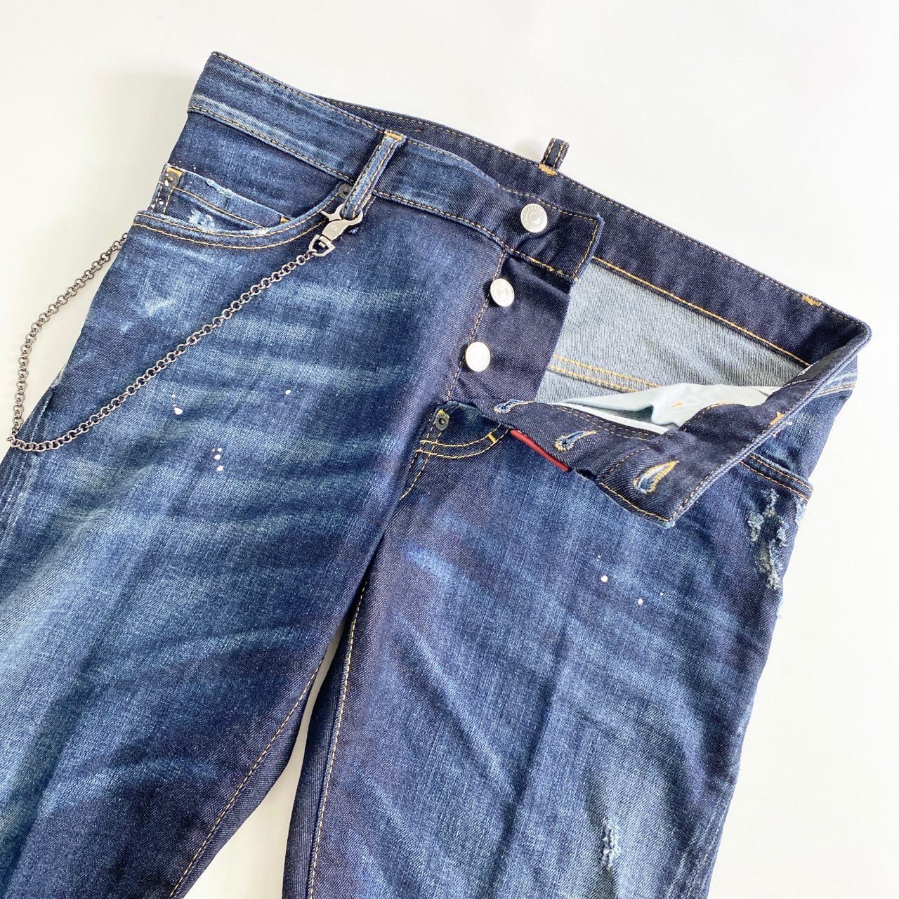 47L7《美品》イタリア製 DSQUARED2 ディースクエアード ヴィンテージ加工 デニムスキニーパンツ 46 インディゴ ウォレットチェーン付き
