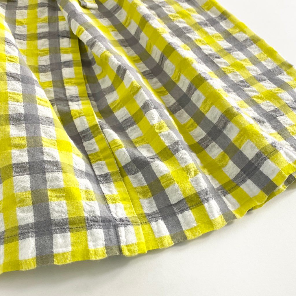 47b5 《美品》 me ISSEY MIYAKE ミーイッセイミヤケ 台形スカート フレアスカート ウエストベルト付き M182FG691 イエロー グレー コットン100% レディース