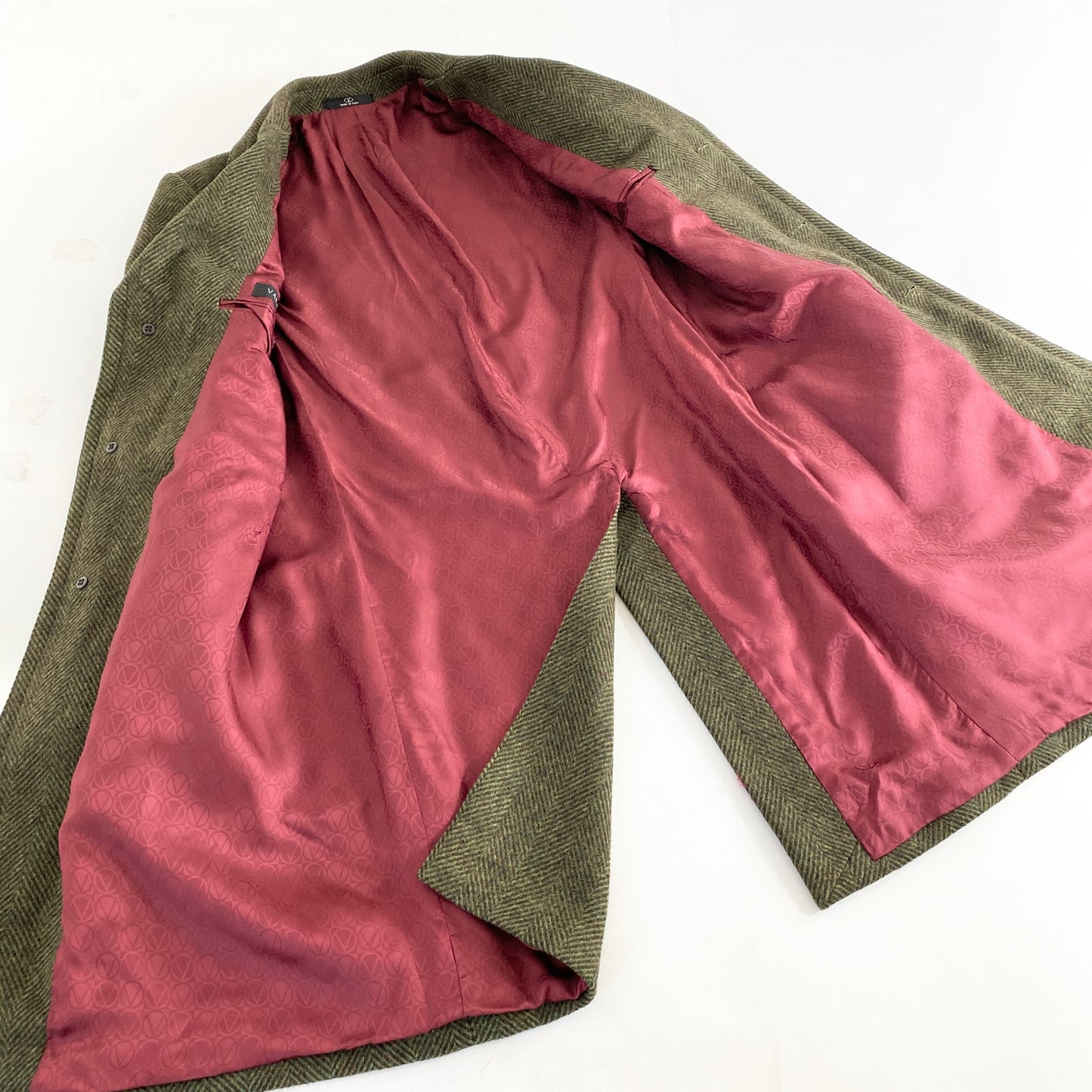3L5《美品》伊製 VALENTINO ヴァレンティノ ヘリンボーンツイード チェスターコート ツイードコート I50(L相当) モスグリーン メンズ アウター