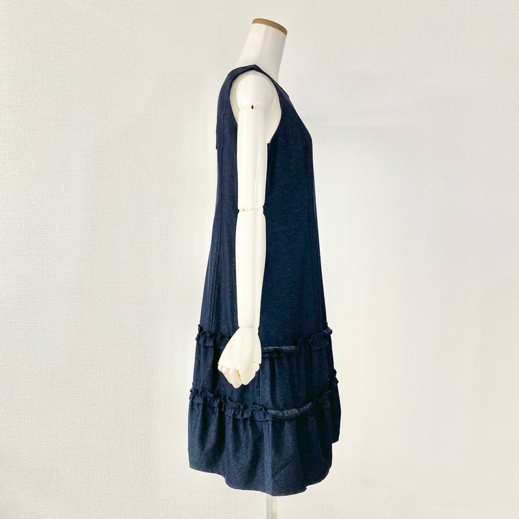 23c11 《美品》 Rene basic ルネ ベーシック バックジップ ストレッチフリルワンピース 36 ネイビー 日本製 伸縮性◎ ドレス 夏