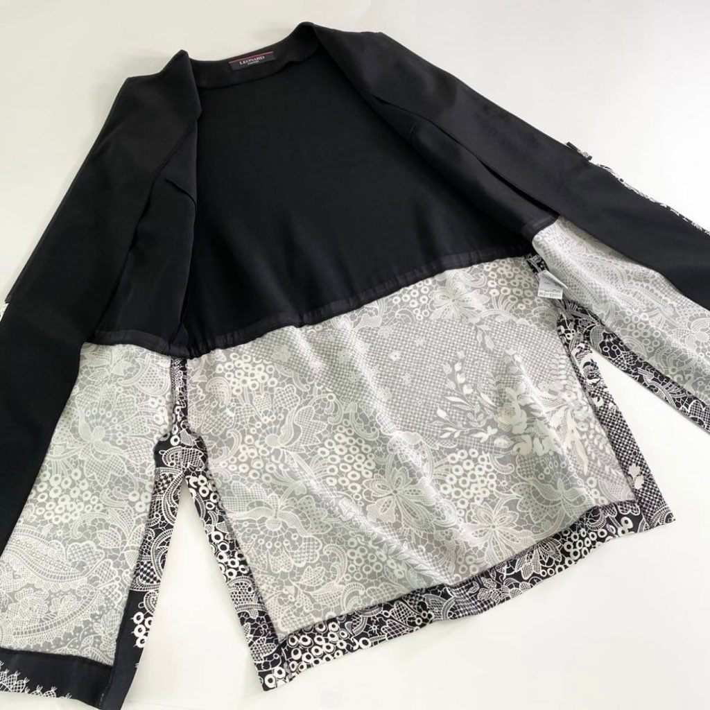 32f1 《美品》 LEONARD レオナール 長袖ワンピース ドレスワンピース シルク100% ウエスト切替 綺麗な花柄プリント 36 S レディース 女性用