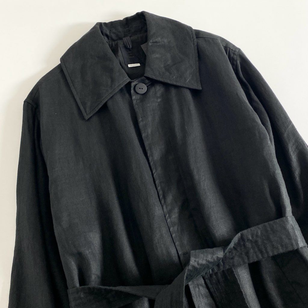 36c2 《極美品》 定価¥39,600 EASY TO WEAR イージートゥウェア リネンステンカラーコート 46 ブラック タグ付 スプリングコート 麻 春