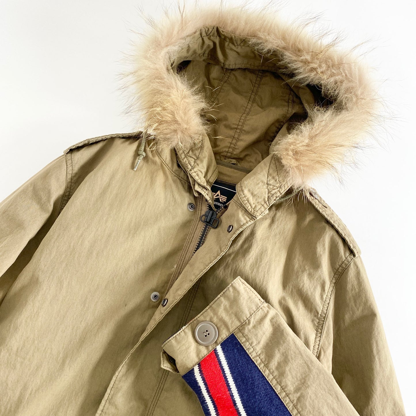 26L14 ALPHA INDUSTRIES アルファ インダストリーズ ミリタリージャケット グッドイナフ M ベージュ チャイニーズラクーンファー ニット切替 上着