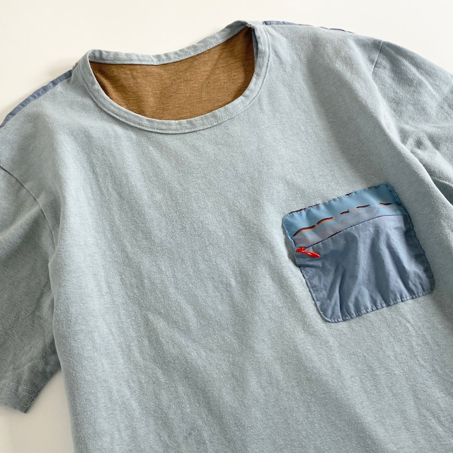 27a20 日本製 CYDER HOUSE サイダーハウス Tシャツ 半袖カットソー S サックスブルー ハンバーガー 異素材切替 胸ポケット