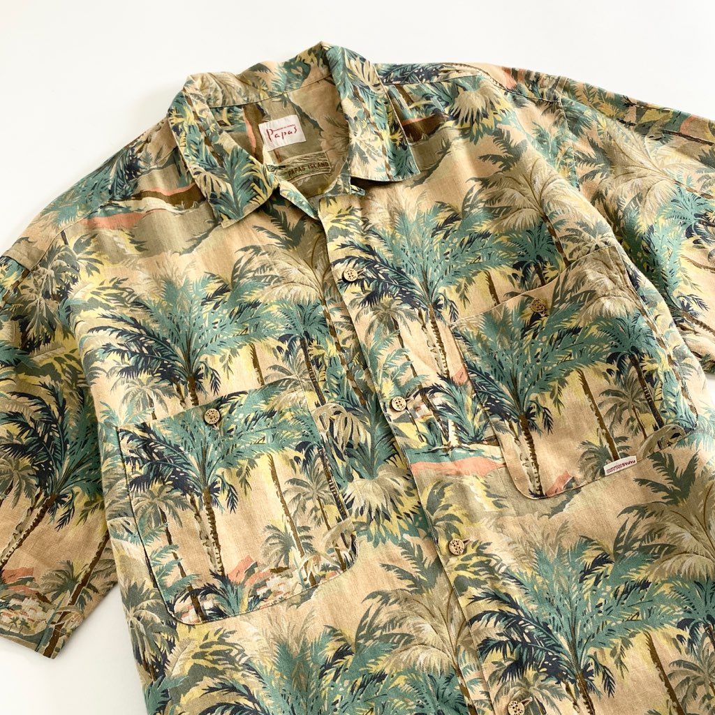 25b5-3 日本製 Papas パパス 半袖シャツ アロハシャツ 総柄シャツ 開襟シャツ L マルチカラー リネン100% メンズ