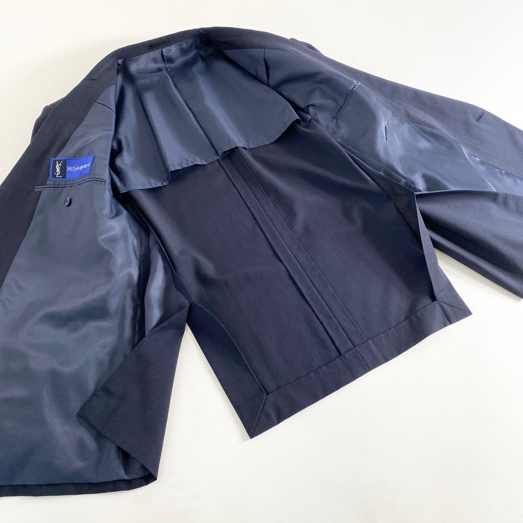 41b14 Yves Saint Laurent イヴサンローラン 日本製 ダブル テーラードジャケット ブレザー ストライプ ネイビー ウール MADE IN JAPAN