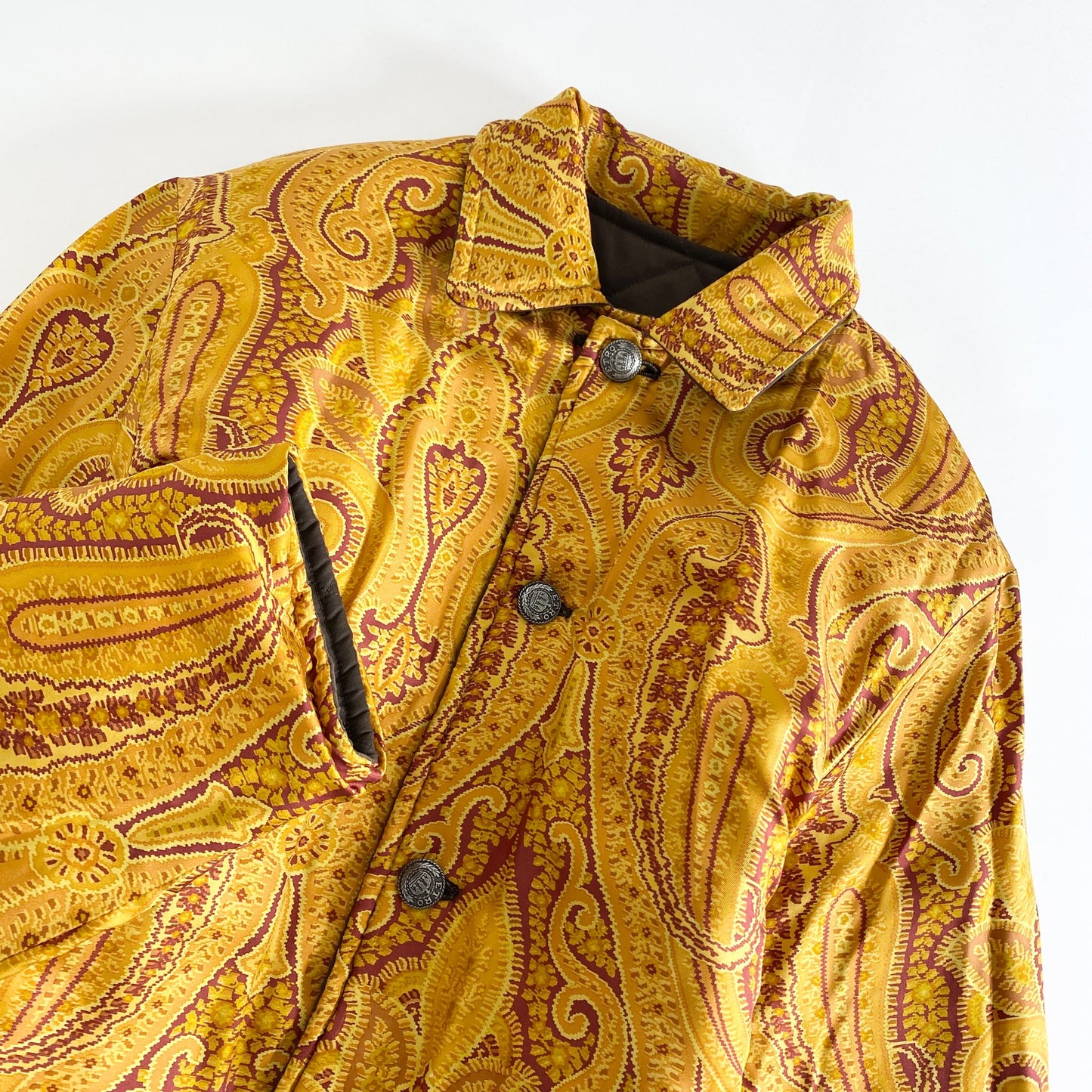 33L14 ETRO エトロ リバーシブルジャケット L オレンジ オリーブ 中綿 アウター ペイズリー バンダナ イタリア製 シルク