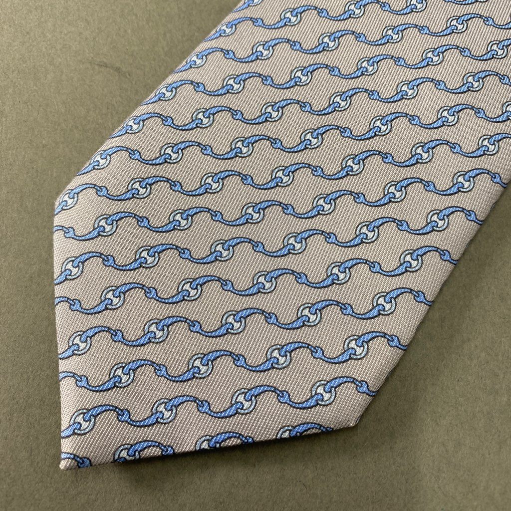 39b6-12 HERMES エルメス 総柄 シルクネクタイ ビジネス フォーマル SILK フランス製 605832 IA グレー ブルー シルク100%