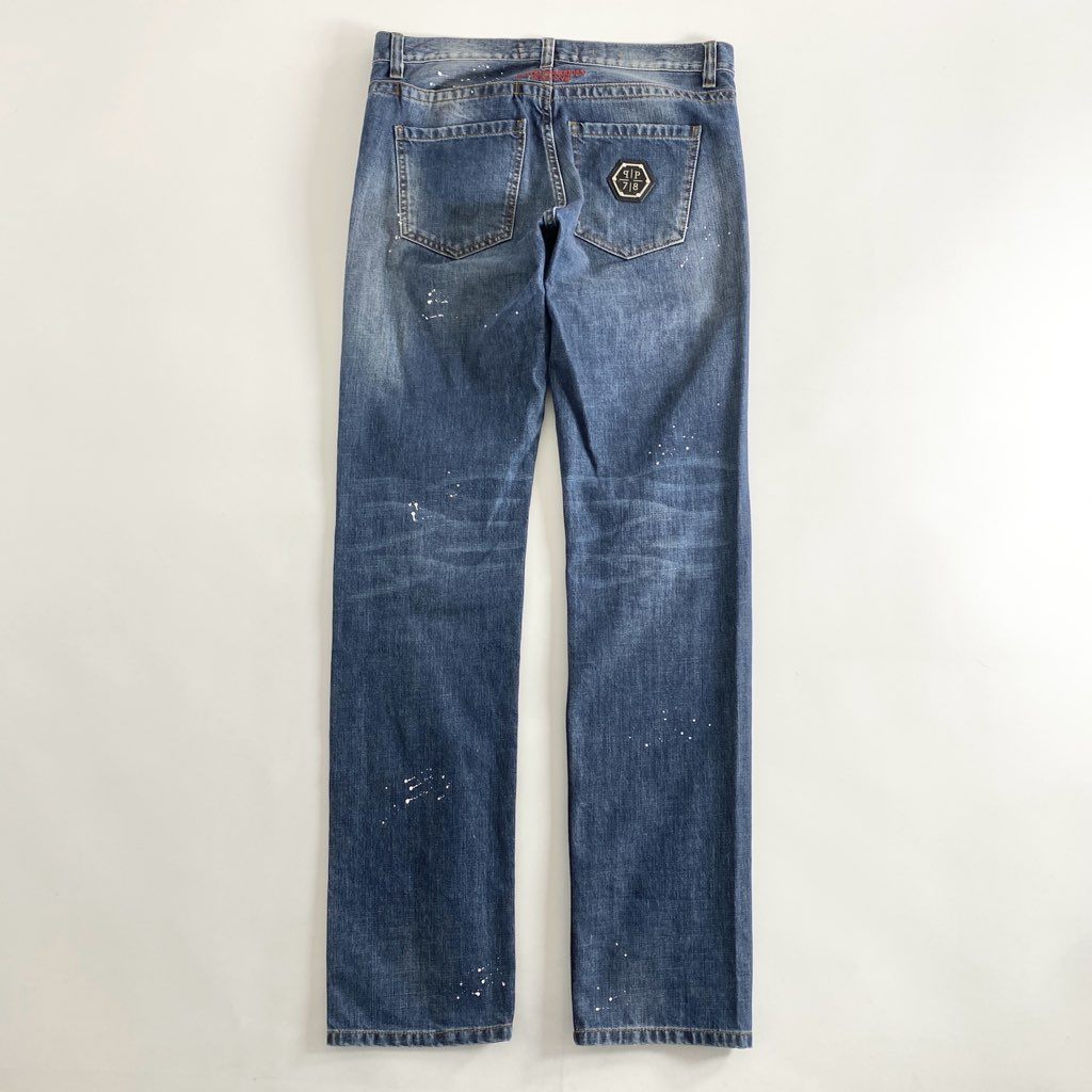 58b13 PHILIPP PLEIN フィリッププレイン ヴィンテージ加工 デニムパンツ ジーンズ 32 インディゴ ペンキ加工 DENIM PANTS
