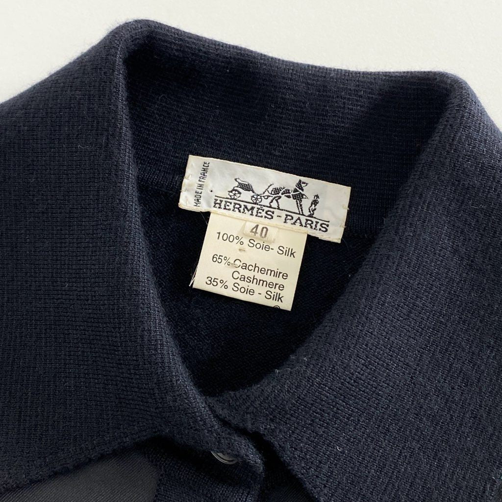 49c6 《美品》 HERMES エルメス バードプリント シルクニットシャツ 40 ブラック SILK100% カシミヤ混 フランス製