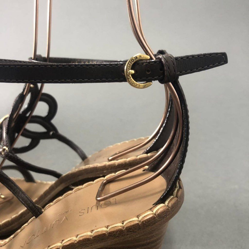 1g25 イタリア製 LOUIS VUITTON ルイヴィトン ウェッジソール サンダル レザー ロゴ金具 BL1110 サイズ37 ブラウン レディース 女性用