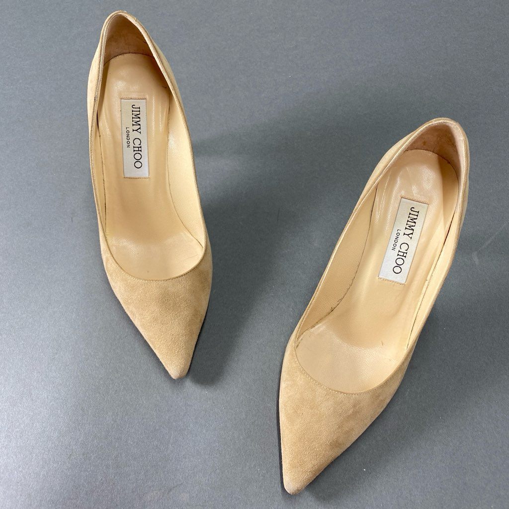 4b29 JIMMY CHOO ジミーチュウ スエードレザー ヒールパンプス 35 1/2 ベージュ イタリア製 シューズ ピンヒール セレモニー