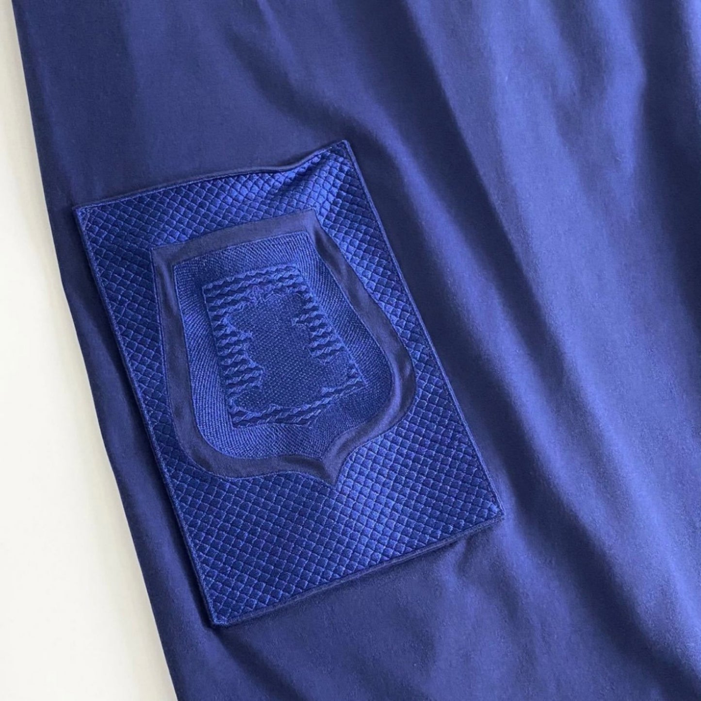56i16 2021年製 HERMES エルメス カットワンピース Tシャツワンピース 膝丈ワンピース 5分袖 サーベル刺繍ポケット 16-7715 サイズ34 ブルー コットン