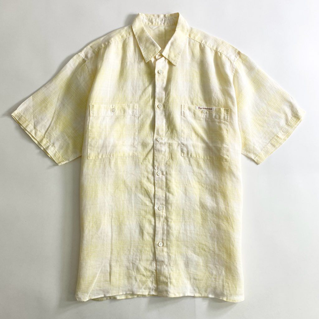 22b25-3 Papas パパス 日本製 リネン 半袖シャツ L イエロー LINEN SHIRT ショートスリーブ ワンポイントロゴ チェック柄 MADE IN JAPAN