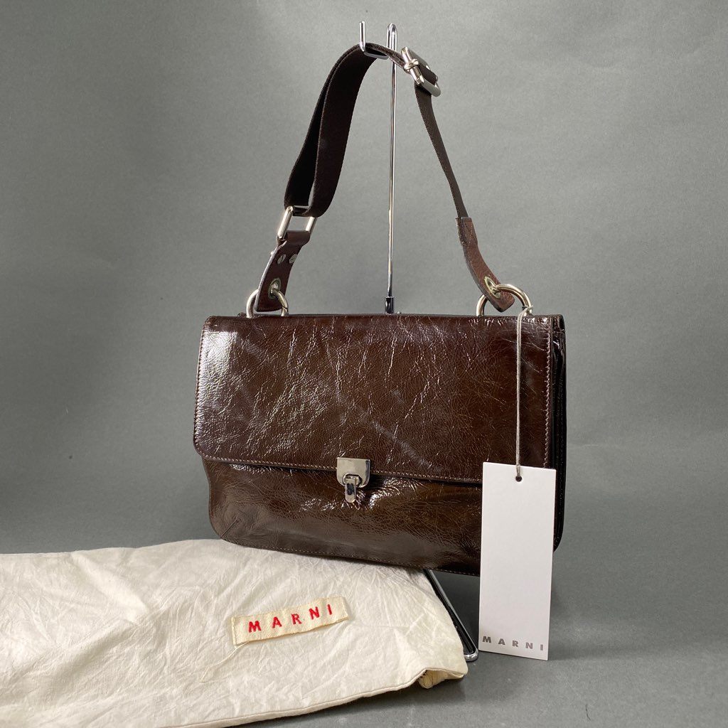 Cb2 MARNI マルニ イタリア製 ダブルフラップ ワンショルダーバッグ ハンドバッグ ブラウン レザー MADE IN ITALY