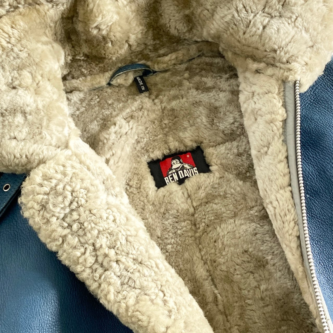 14a29 BEN DAVIS ベンデイビス × Schott ショット 世界150着限定 ムートンコート レザーコート リアルムートン 羊革 フード取り外し可能 40 ブルー メンズ 紳士服