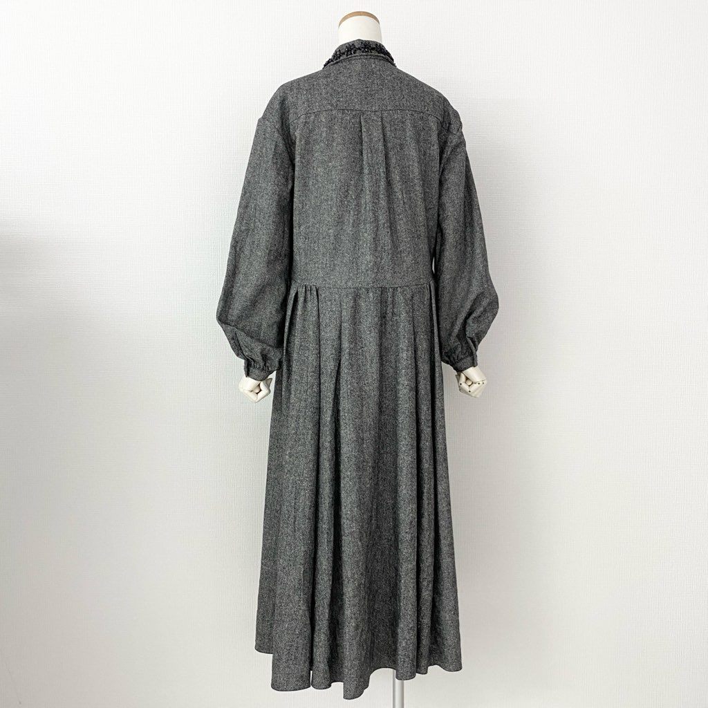 25c6 ROCHAS ロシャス イタリア製 ビジュー 長袖ワンピース ドレス ギャザースカートシャツワンピ 38 グレー ウール MADE IN ITALY