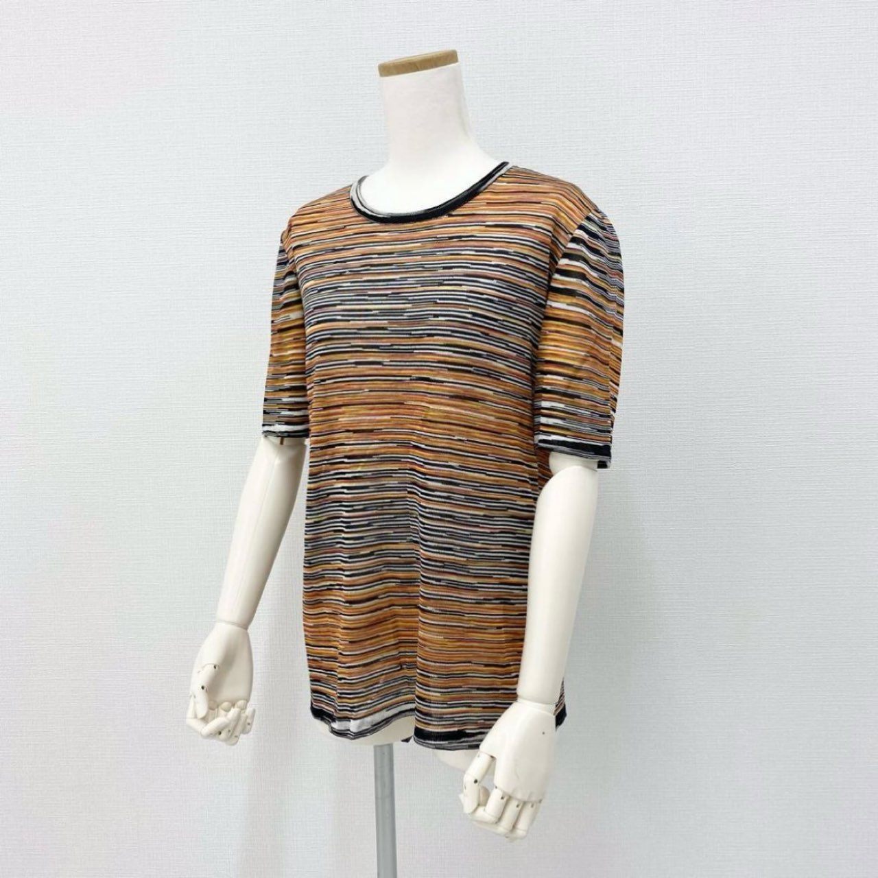 Uf15④ 《美品》 イタリア製 MISSONI ミッソーニ 半袖ニット サマーニット ボーダー柄 46 レーヨン100% レディース