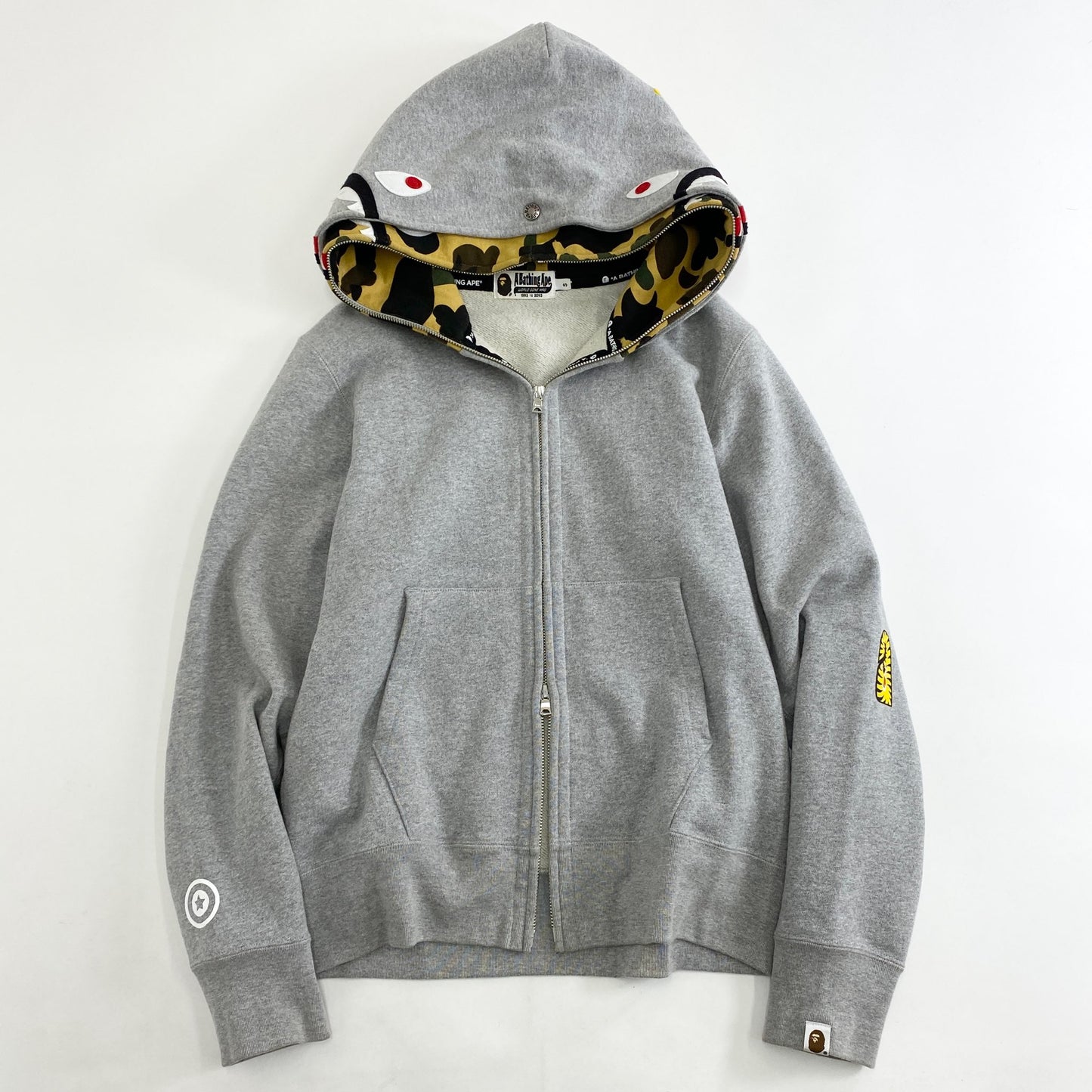 48k9 A BATHING APE アベイシングエイプ ダブルフードシャークパーカー S グレー コットン 迷彩 カモフラ スウェット 羽織