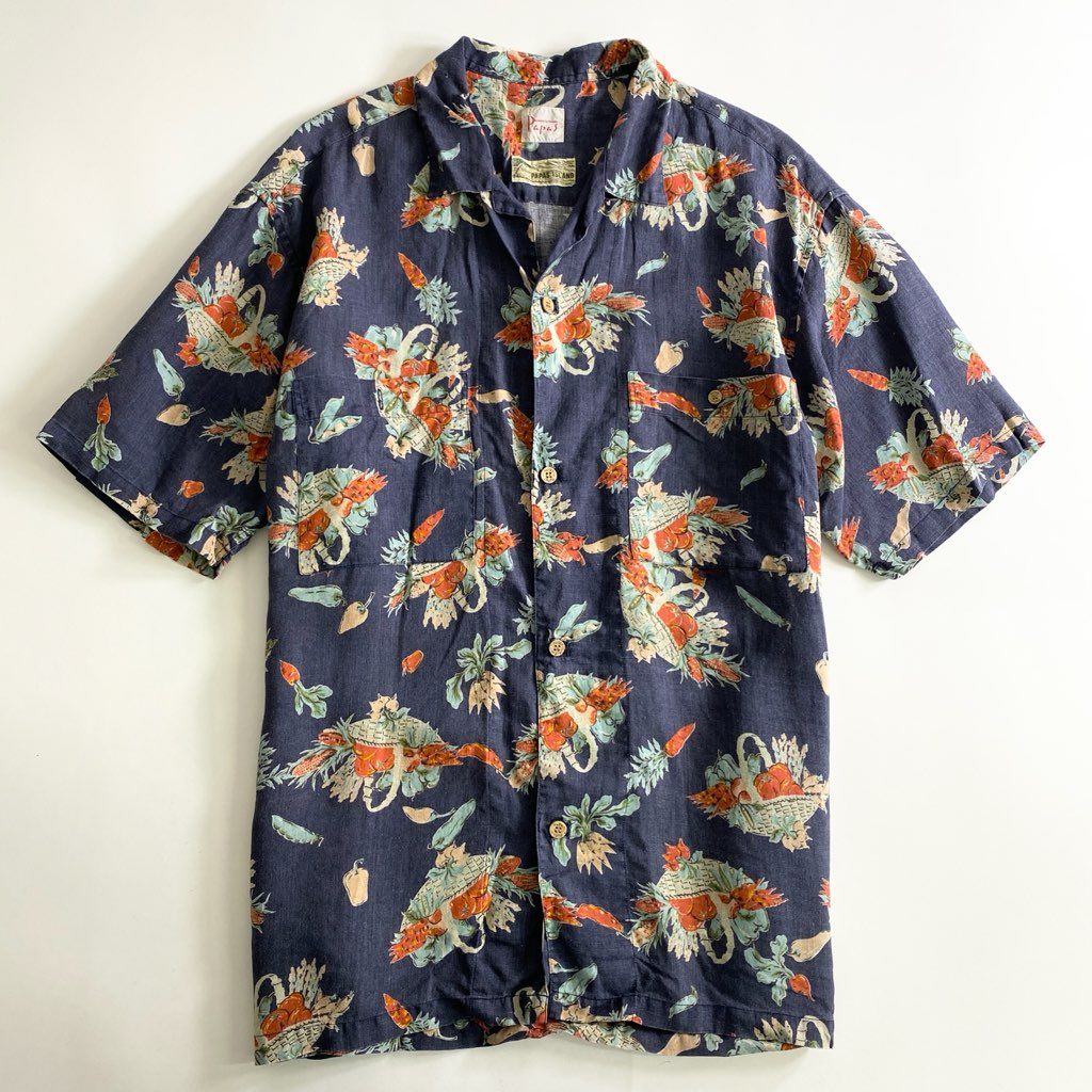 53b25 Papas パパス リネン アロハシャツ L ネイビー LINEN 53b25 Papas パパス リネン アロハシャツ L ネイビー LINEN