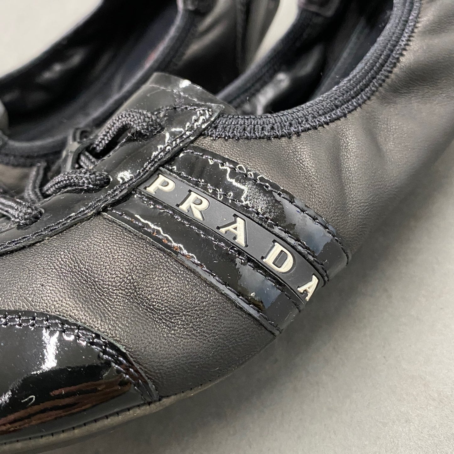 3L5《美品》PRADA SPORT プラダスポーツ 37(24.5cm相当) ブラック レザー バレエシューズ レザーシューズ レディース 靴