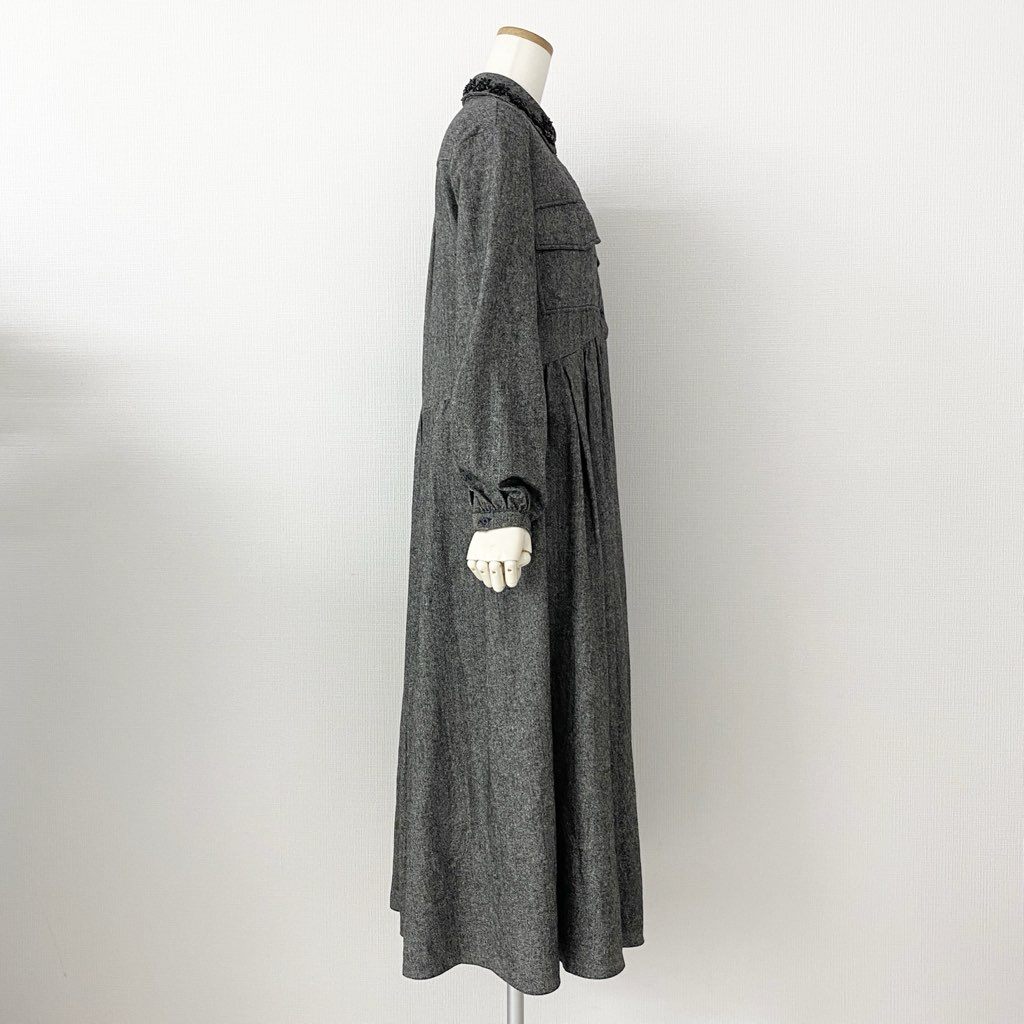 25c6 ROCHAS ロシャス イタリア製 ビジュー 長袖ワンピース ドレス ギャザースカートシャツワンピ 38 グレー ウール MADE IN ITALY