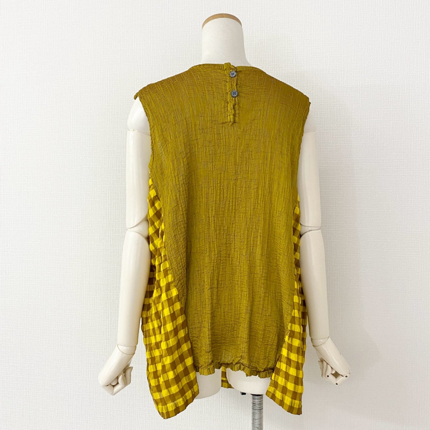 35c14-2 me ISSEY MIYAKE ミー イッセイミヤケ MI33FK411 ノースリーブ 切替 チュニック トップス カットソー チェック柄 イエロー ストレッチ